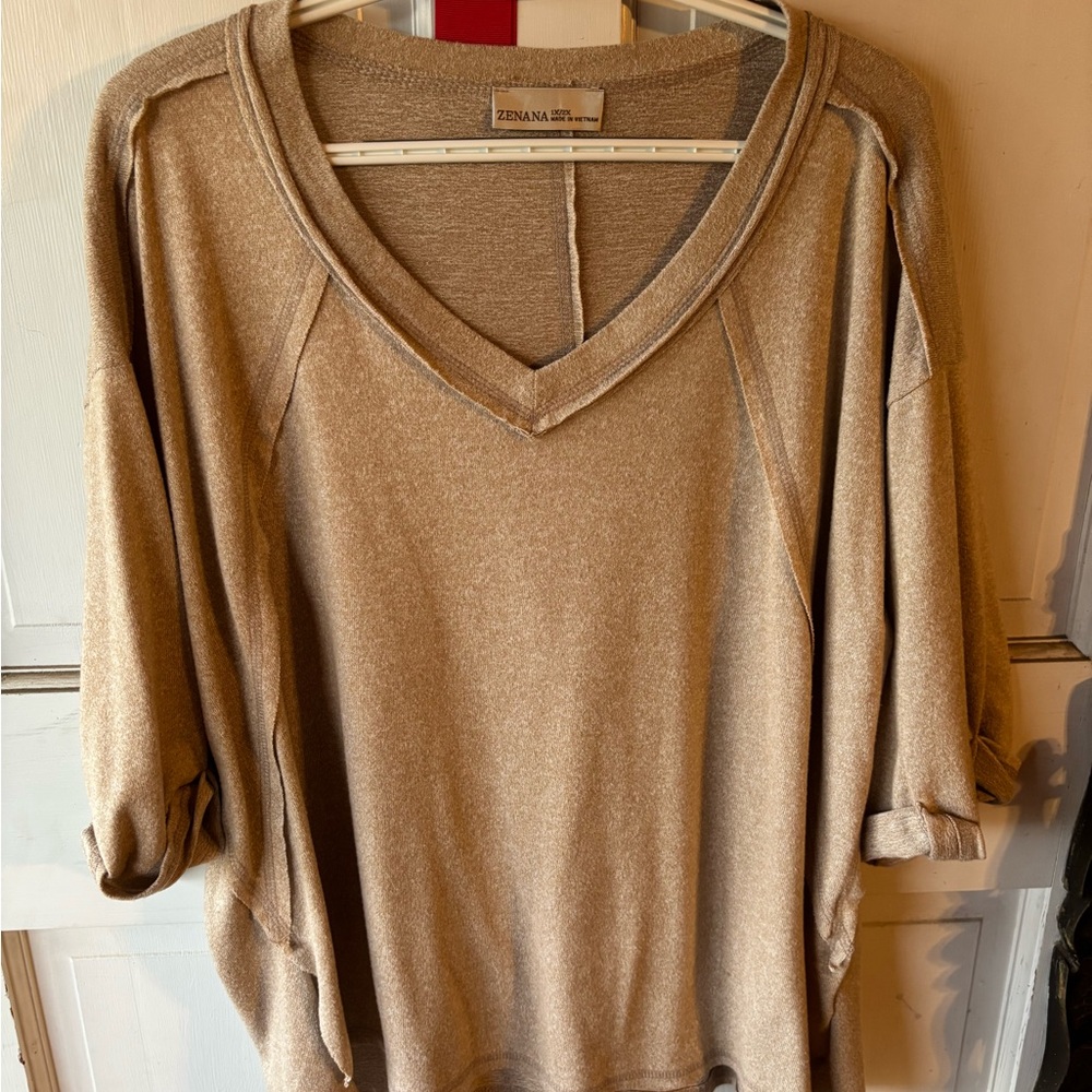 Zenana Outfitters Tan V-Neck Top